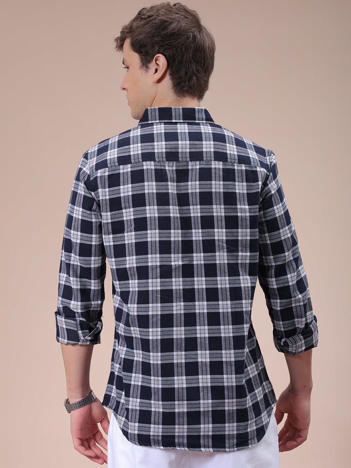 Men's Navy Blue Slim Fit Checked Shirt