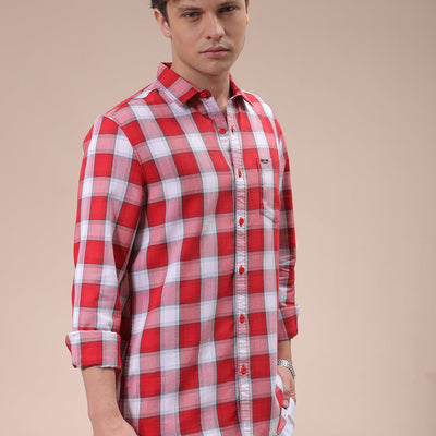 Men's Red Slim Fit Checked Shirt