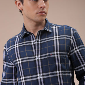 Men's Navy Blue Slim Fit Checked Shirt