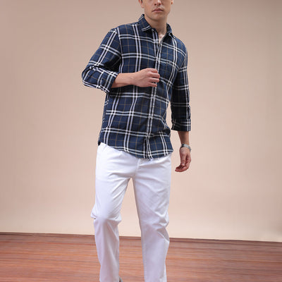 Men's Navy Blue Slim Fit Checked Shirt