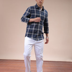 Men's Navy Blue Slim Fit Checked Shirt