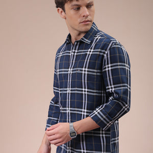 Men's Navy Blue Slim Fit Checked Shirt