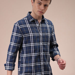 Men's Navy Blue Slim Fit Checked Shirt