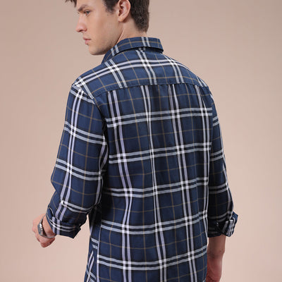 Men's Navy Blue Slim Fit Checked Shirt