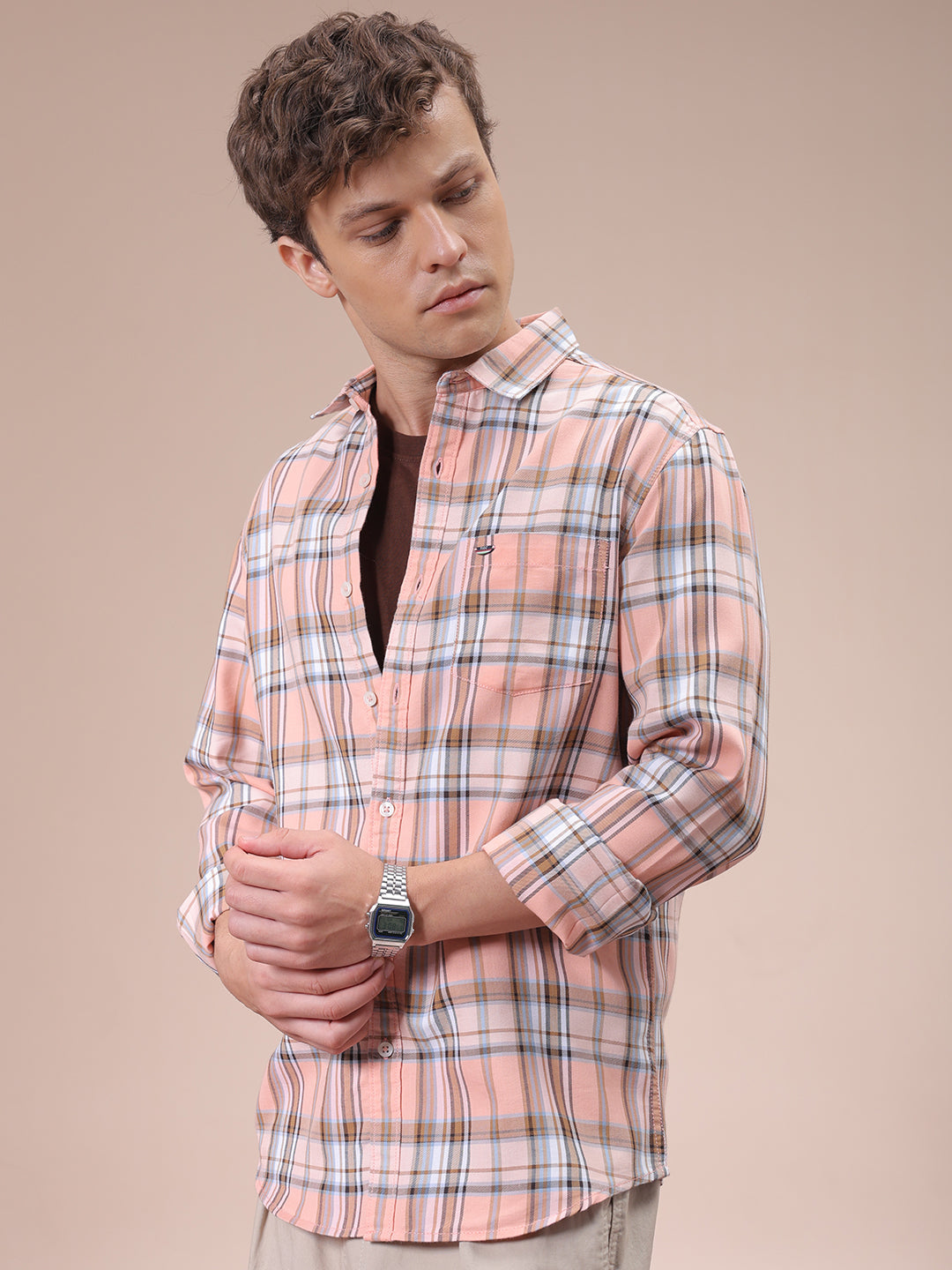 Men's Pink Slim Fit Checked Shirt