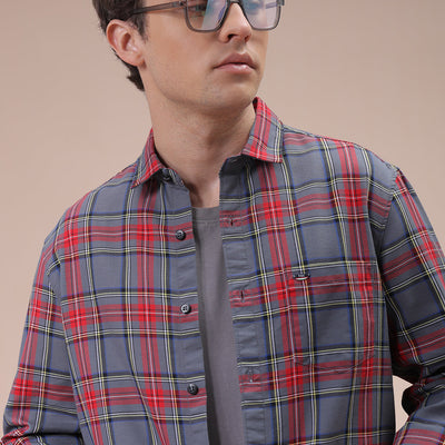 Men's Grey Slim Fit Checked Shirt