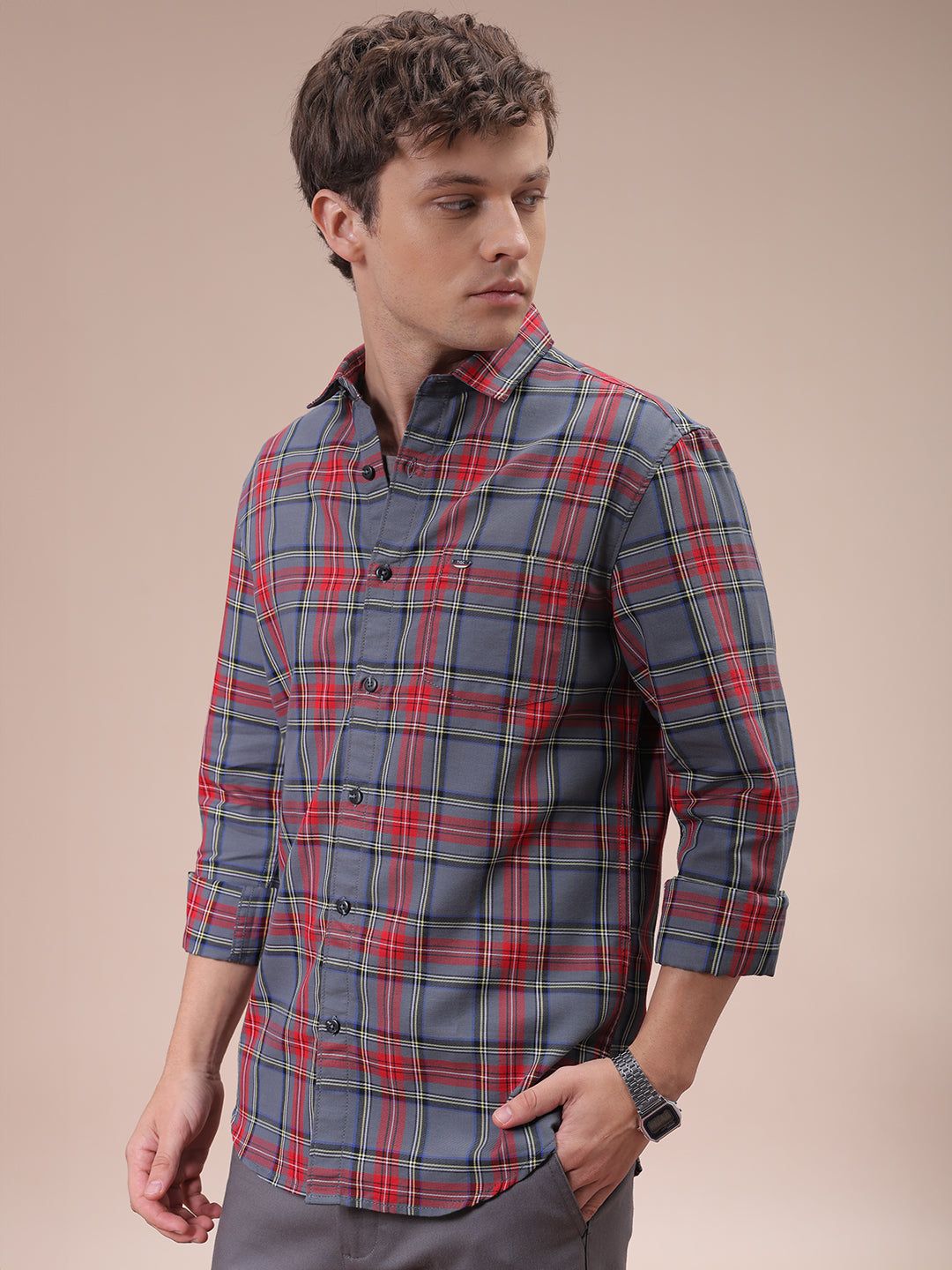 Men's Grey Slim Fit Checked Shirt