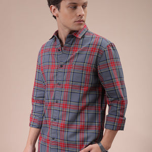 Men's Grey Slim Fit Checked Shirt