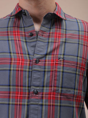 Men's Grey Slim Fit Checked Shirt