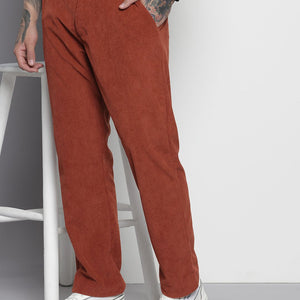 Men's Orange Straight Fit Textured Trousers