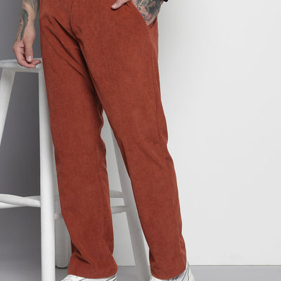 Men's Orange Straight Fit Textured Trousers