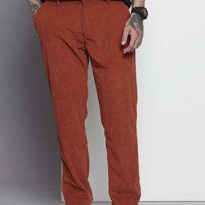 Men's Orange Straight Fit Textured Trousers