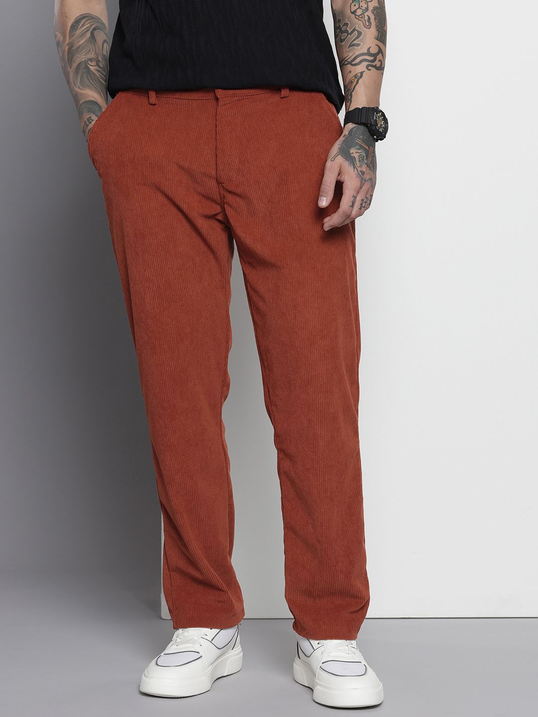 Men's Orange Straight Fit Textured Trousers
