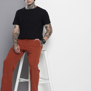 Men's Orange Straight Fit Textured Trousers