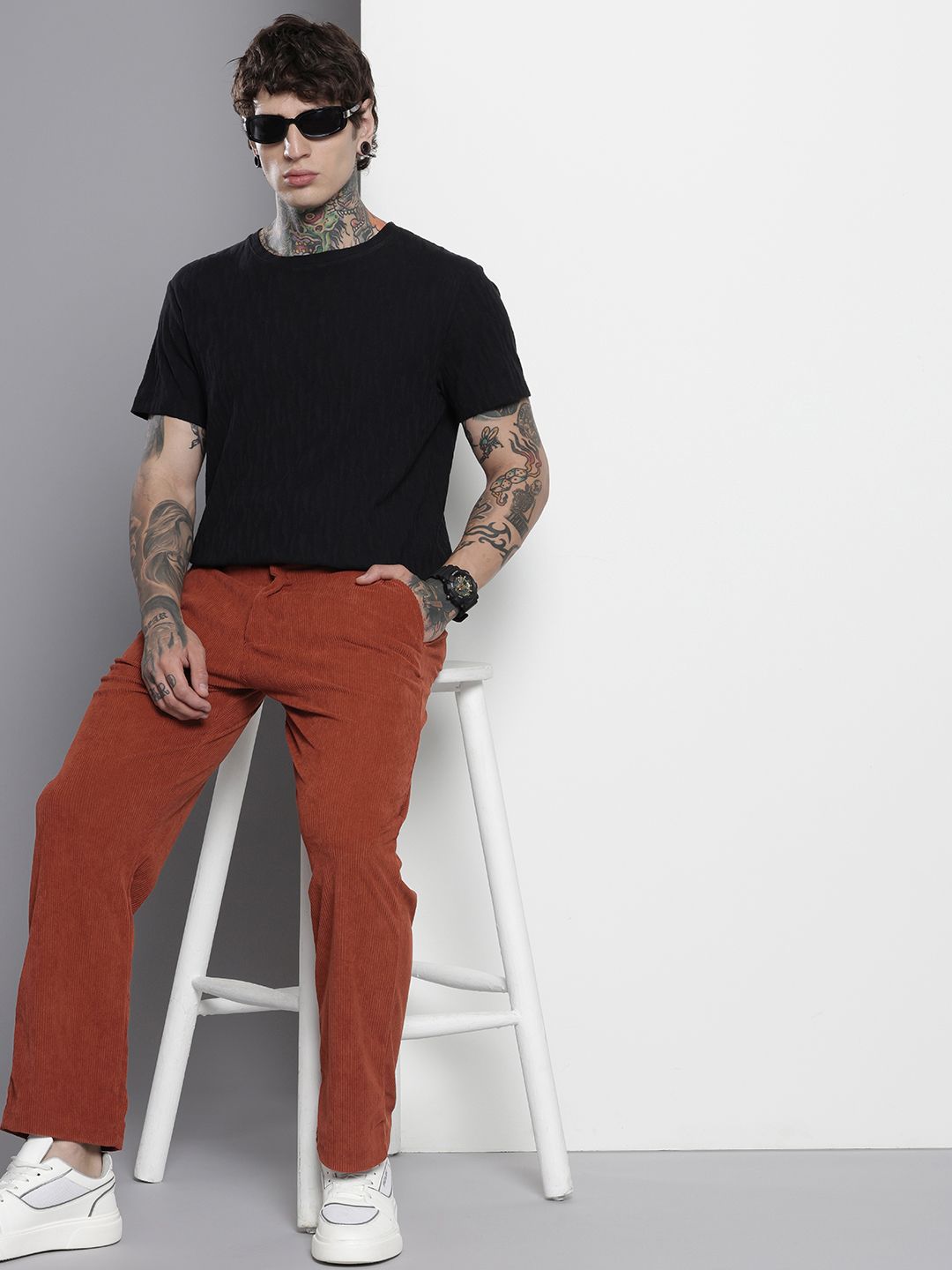Men's Orange Straight Fit Textured Trousers