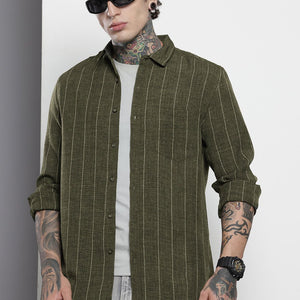 Men's Olive Slim Fit Vertical Striped Casual Shirt