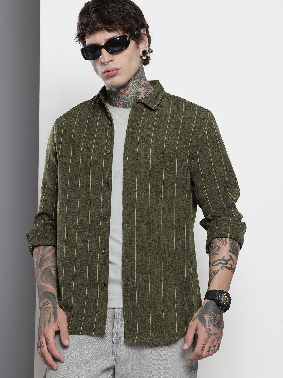 Men's Olive Slim Fit Vertical Striped Casual Shirt