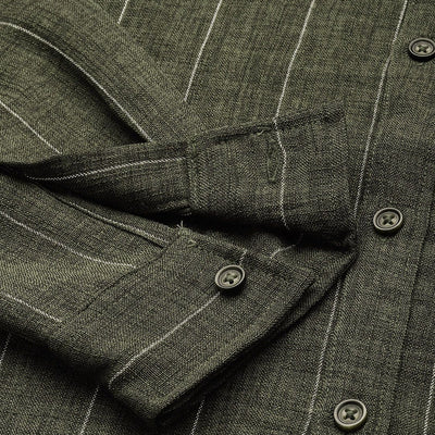 Men's Olive Slim Fit Vertical Striped Casual Shirt