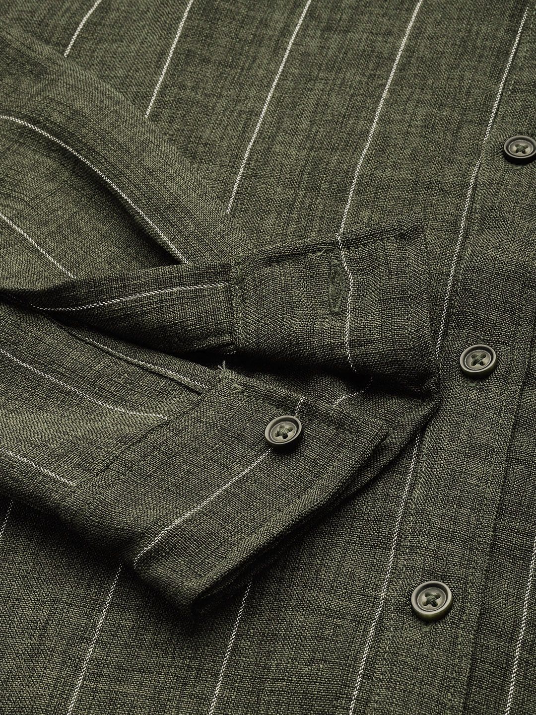 Men's Olive Slim Fit Vertical Striped Casual Shirt