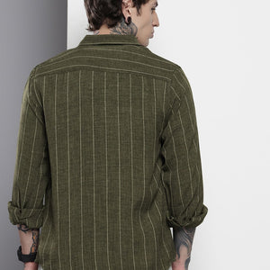 Men's Olive Slim Fit Vertical Striped Casual Shirt