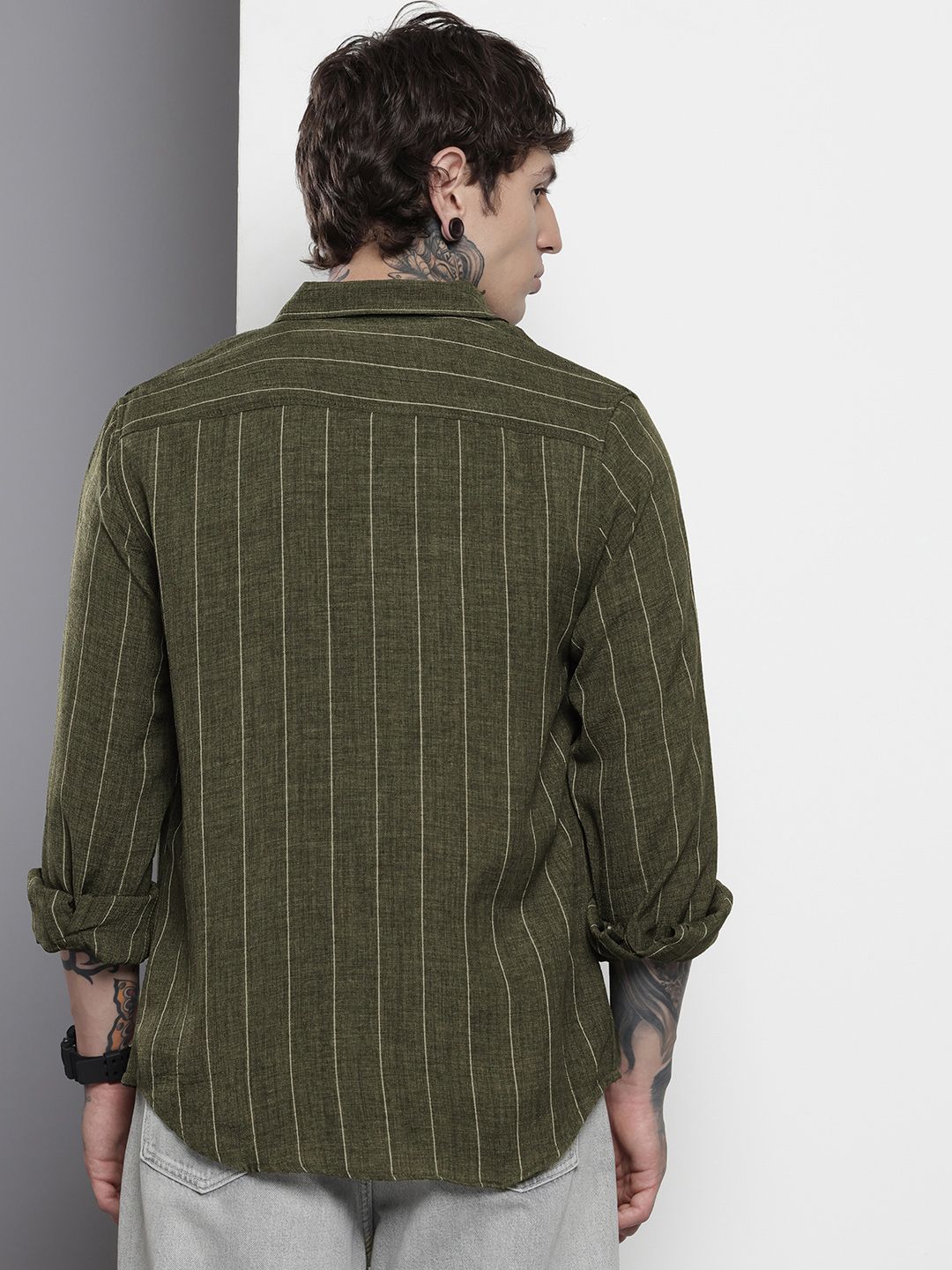 Men's Olive Slim Fit Vertical Striped Casual Shirt