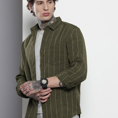 Men's Olive Slim Fit Vertical Striped Casual Shirt