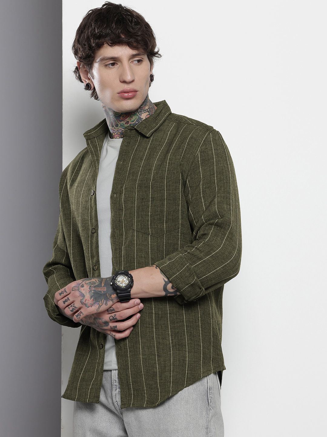 Men's Olive Slim Fit Vertical Striped Casual Shirt