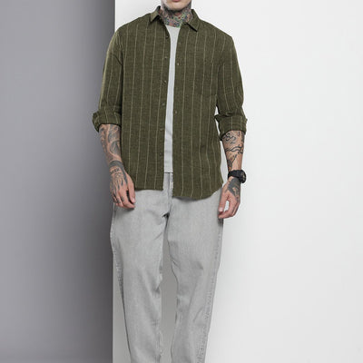 Men's Olive Slim Fit Vertical Striped Casual Shirt