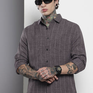 Men's Grey Slim Fit Vertical Striped Casual Shirt