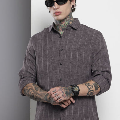 Men's Grey Slim Fit Vertical Striped Casual Shirt