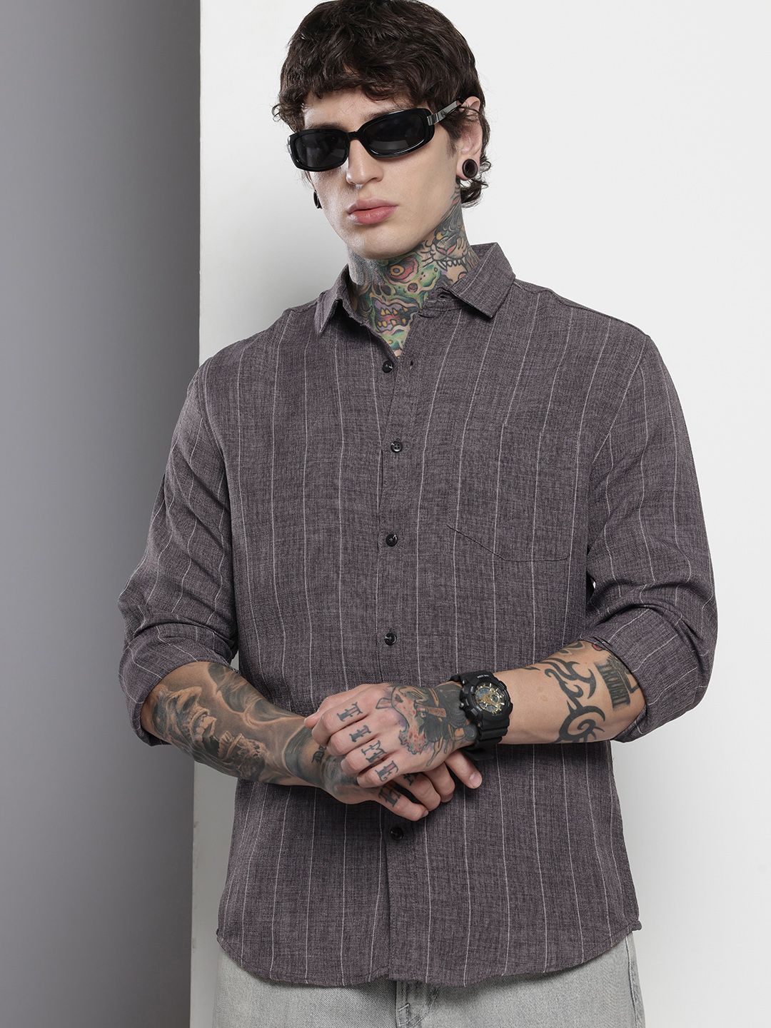 Men's Grey Slim Fit Vertical Striped Casual Shirt