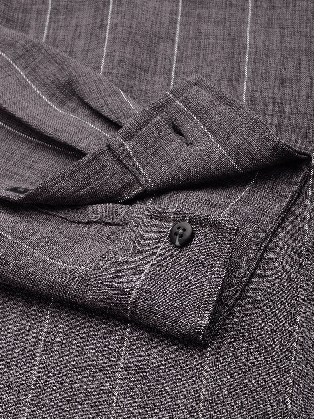 Men's Grey Slim Fit Vertical Striped Casual Shirt