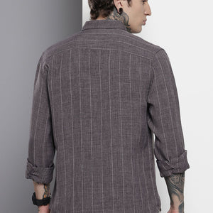 Men's Grey Slim Fit Vertical Striped Casual Shirt