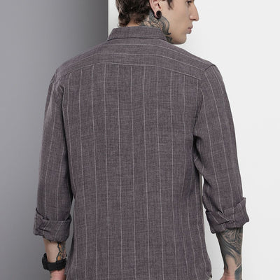Men's Grey Slim Fit Vertical Striped Casual Shirt