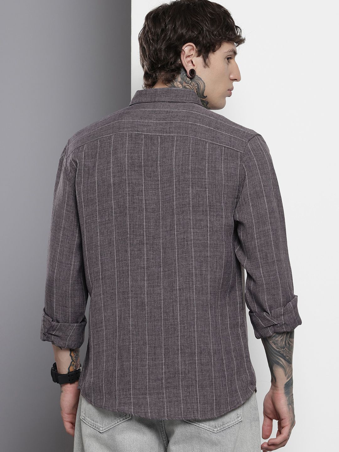 Men's Grey Slim Fit Vertical Striped Casual Shirt