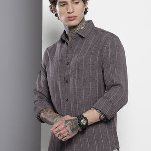 Men's Grey Slim Fit Vertical Striped Casual Shirt