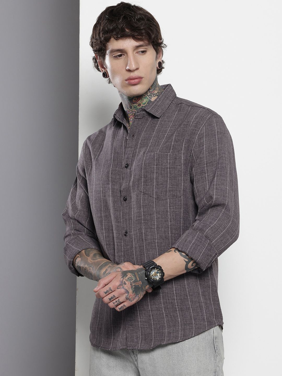 Men's Grey Slim Fit Vertical Striped Casual Shirt