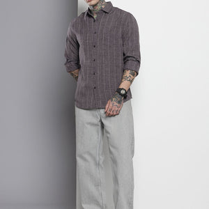 Men's Grey Slim Fit Vertical Striped Casual Shirt
