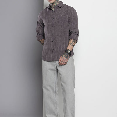 Men's Grey Slim Fit Vertical Striped Casual Shirt