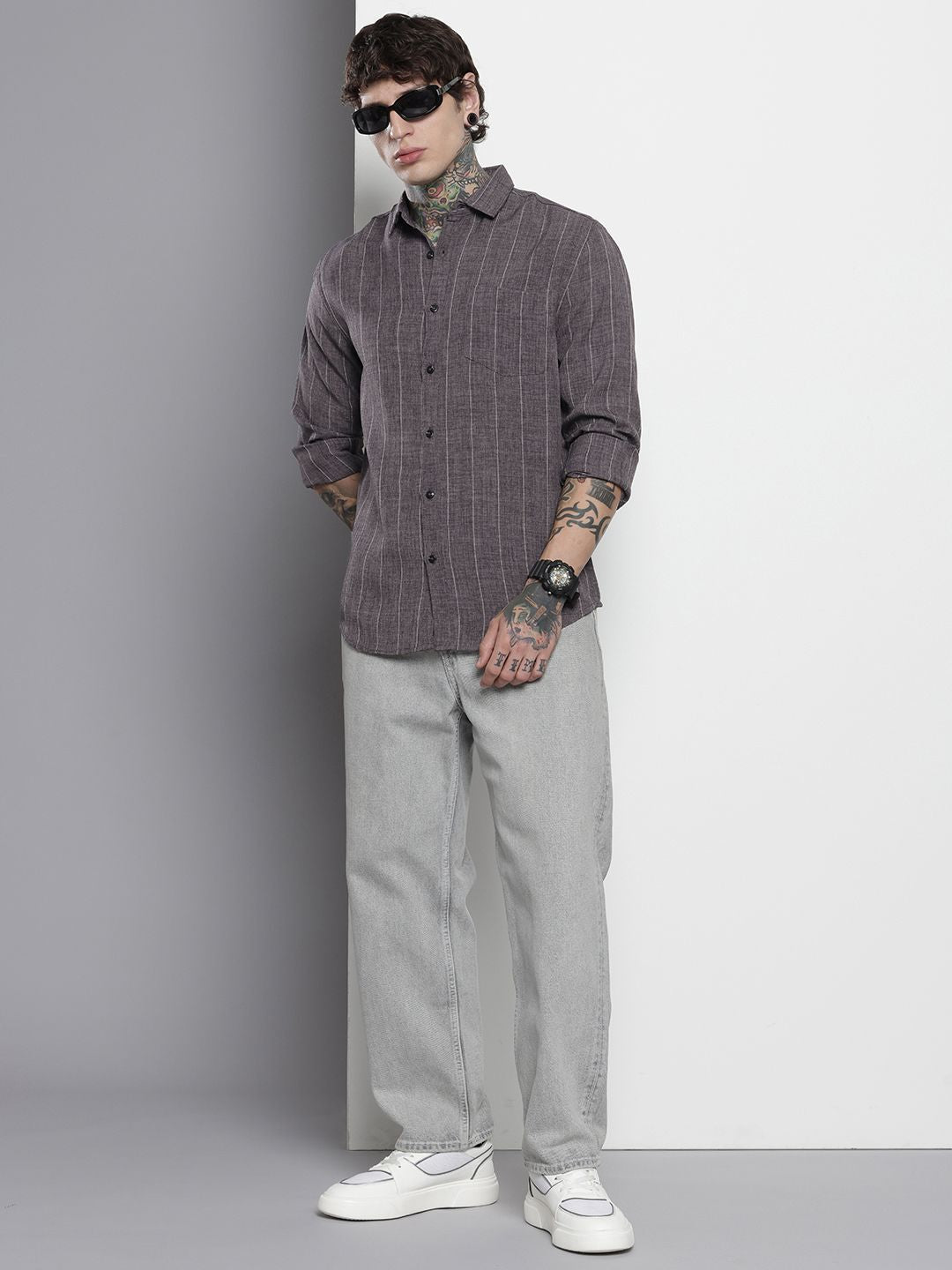 Men's Grey Slim Fit Vertical Striped Casual Shirt