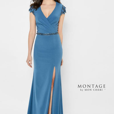 Montage 122902 Long Slit Ruched Beaded Belt Formal Dress