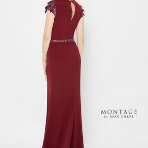 Montage 122902 Long Slit Ruched Beaded Belt Formal Dress
