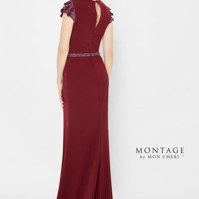 Montage 122902 Long Slit Ruched Beaded Belt Formal Dress
