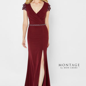 Montage 122902 Long Slit Ruched Beaded Belt Formal Dress