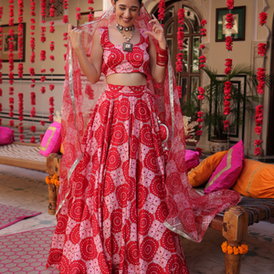 Ruby And Cream Rhapsody Printed Satin Lehenga Set