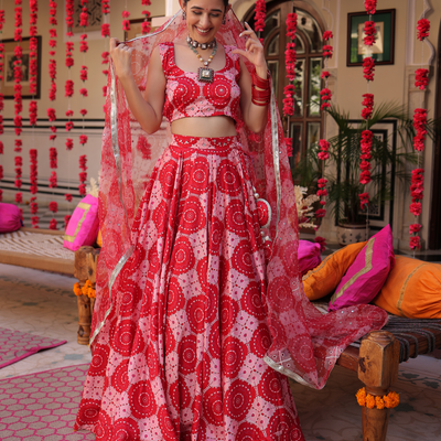 Ruby And Cream Rhapsody Printed Satin Lehenga Set