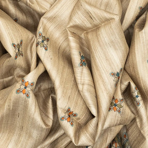 Taupe Handloom Tussar Silk Saree With Printed Bird Motifs
