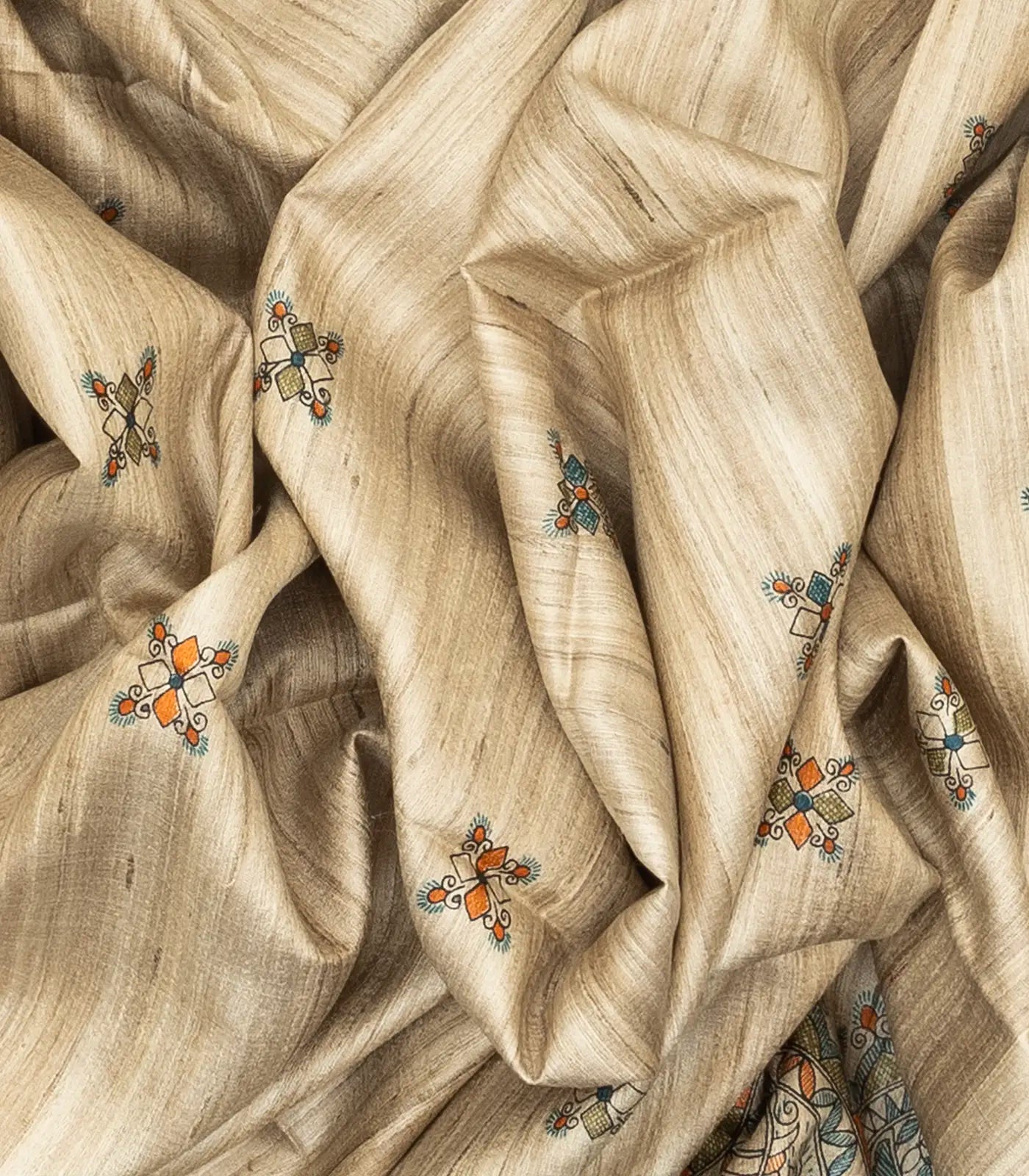 Taupe Handloom Tussar Silk Saree With Printed Bird Motifs