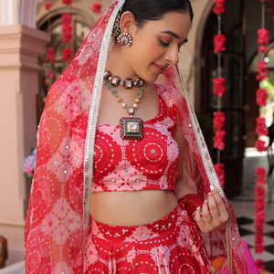 Ruby And Cream Rhapsody Printed Satin Lehenga Set