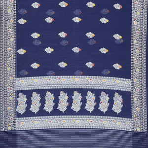 Navy Blue Handloom Banarasi Silk Saree With Meena Floral Buttas